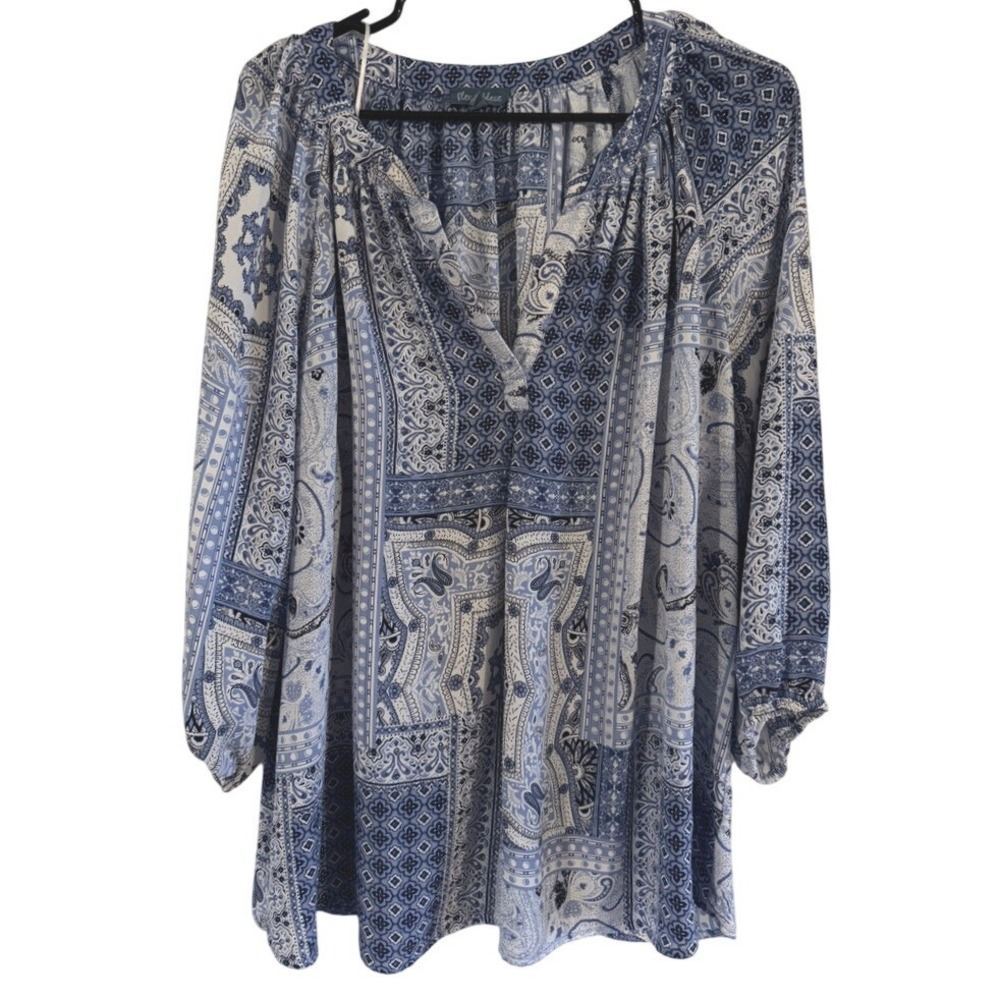 Peasant patchwork Blouse 1X Blue Paisley Boho Flowy Sleeve Top cottagecore